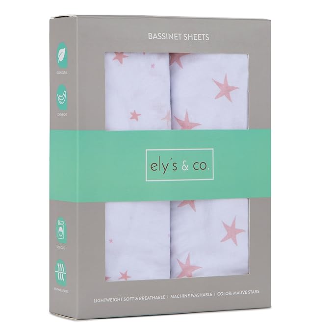 Ely's & Co. Bassinet Sheet 100% Jersey Cotton 2 Pack for Baby Girl-Dusty Rose and Mauve Pink Stars