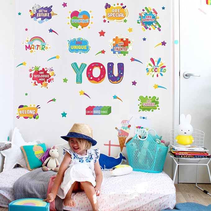 LHIUEM Kids Inspirational Wall Decals 38PCS Funny Daycare Wall Stickers for Toddler Splatter Stars Peel and Stick Testing Motivation Gifts for Students Splotches Wall Decor for Classroom Playroom Bathroom