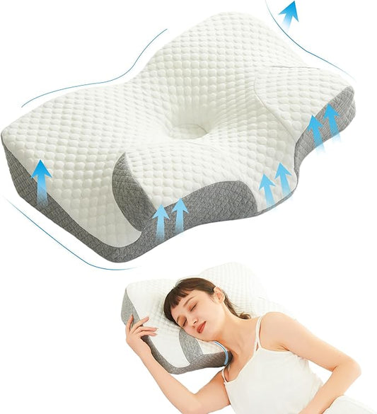 Cervical Neck Pillow for Pain Relief, Contour Memory Foam Pillows for Sleeping, Ergonomic Neck Support Pillow for Shoulder, Suitable for Side Back Stomach Sleepers with Cooling Pillowcase