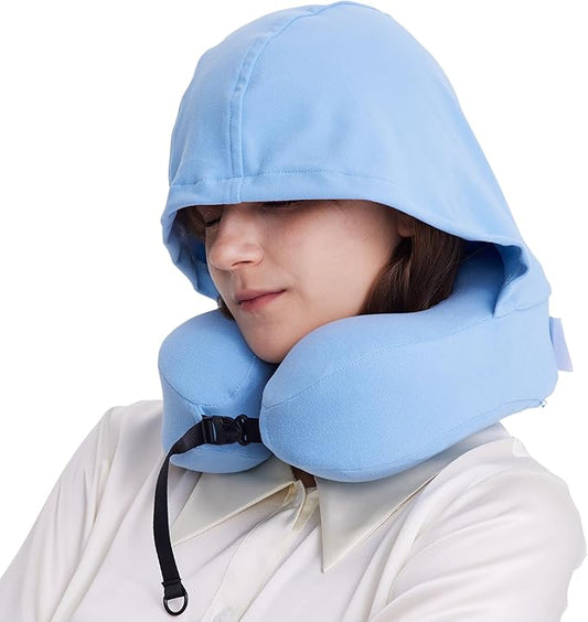 Travel Pillow with Hood for Airplane, 100% Pure Memory Foam Hooded Neck Pillow for Traveling, Car, Office, Soft, Machine Washable, Easy Storage, Blue