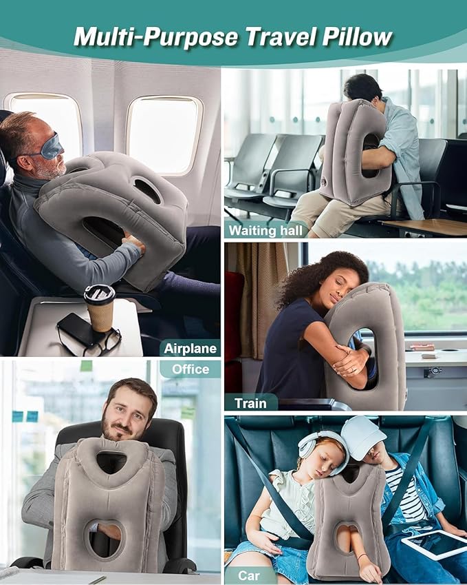 JefDiee Inflatable Travel Pillow for Airplanes, Airplane Neck Pillow Comfortably Supports Head and Chin for Airplanes, Trains, Cars and Office Napping (Grey)