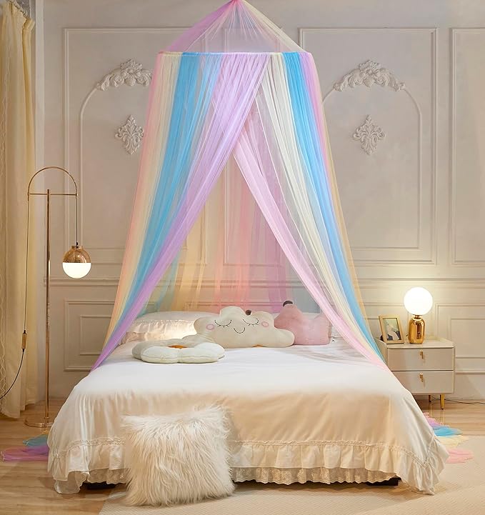 Mengersi Bed Canopy with Lights,Princess Bed Canopy Canopy Bed Curtains for Girls Room,Mosquito Netting Canopy Reading Corners Room Decor for Girls (Rainbow)