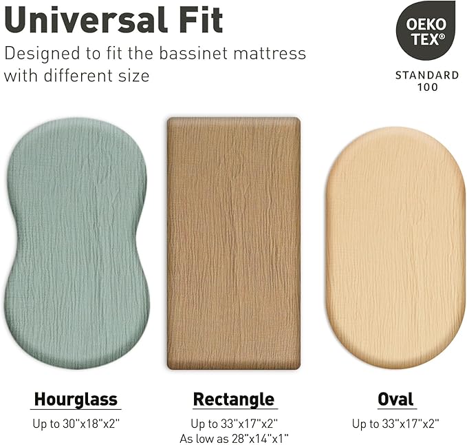 Muslin Bassinet Sheets 2 Pack for Baby Boy and Girl, Breathable Elastic Cozy Fitted Cotton Bassinet Mattress Sheet, Universal Fit for Hourglass Oval and Rectangle Bassinet Mattress (Cute Rainbow)