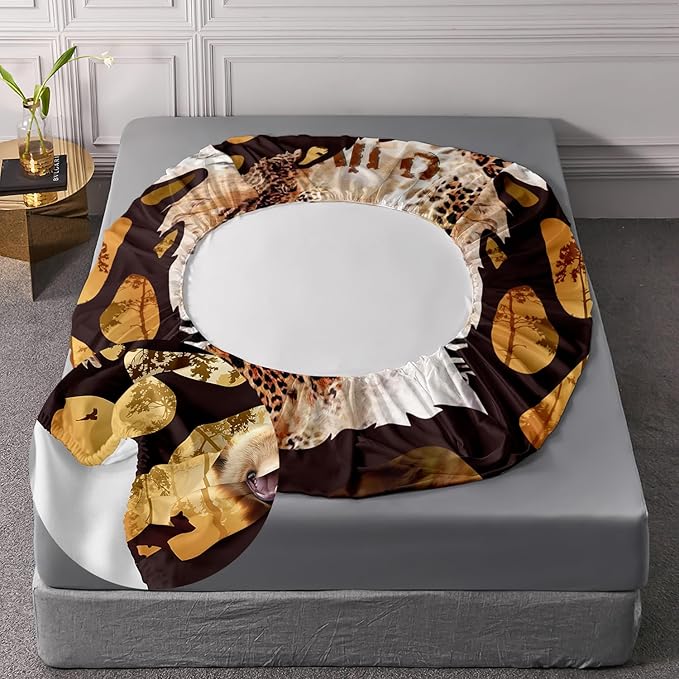 AILONEN Cute Bear Full Fitted Sheet Set for Girls Boys, Bear Paw Sheet Leopard Print Fitted Sheet with 2 Pillowcases,3 Pieces Rustic Vintage Bear Bed Sheet Set