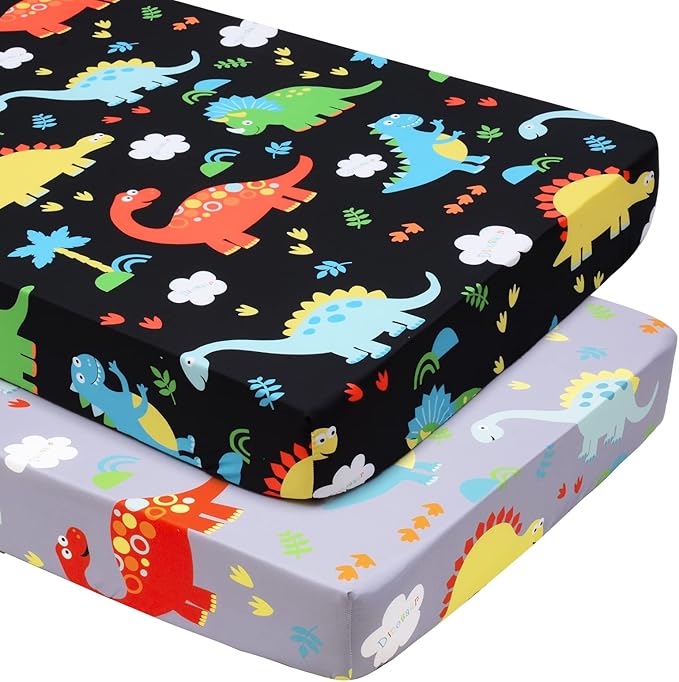 JISEN Baby Crib Sheets 2 Piece Portable Fitted Crib Sheet for Standard Crib and Toddler Mattresses Nursery Bed Decor for Boys Girls 28x52 Inch Grey/Black Dinosaurs