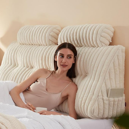 Faux Fur Headboard Pillow with 2 Pack Neck Roll Pillow Large Headboard Pillow Soft and Supportive with Removable Cover (Beige, Queen)