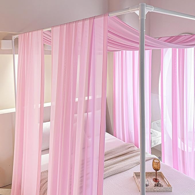 AIKASY Pink Bed Canopy Scarf for Full/Queen - Luxury Sheer Canopy Bed Curtains with Light - Suitable for Four-Poster Bed, Metal Bed Frame, Wood Bed Frame -2pic