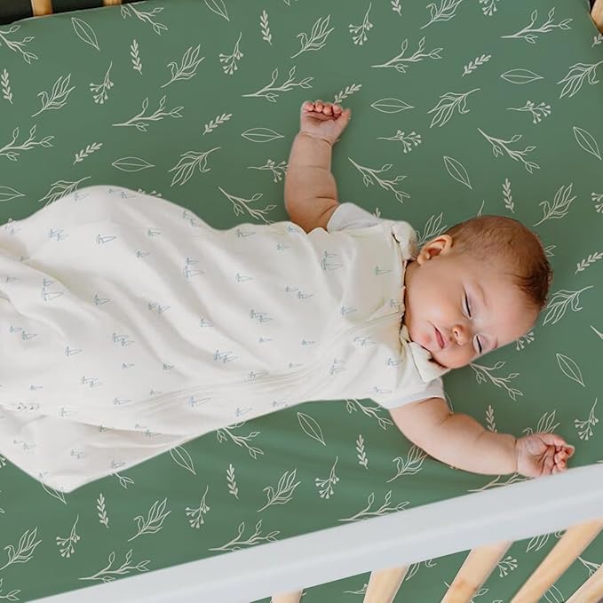 ACRABROS Crib Sheets for Girl Boy: Stretchy Baby Fitted Crib Mattress Sheets Sets 2 Pack Standard Size Ultra Soft Neutral, Blossom Deer&Green Leaf