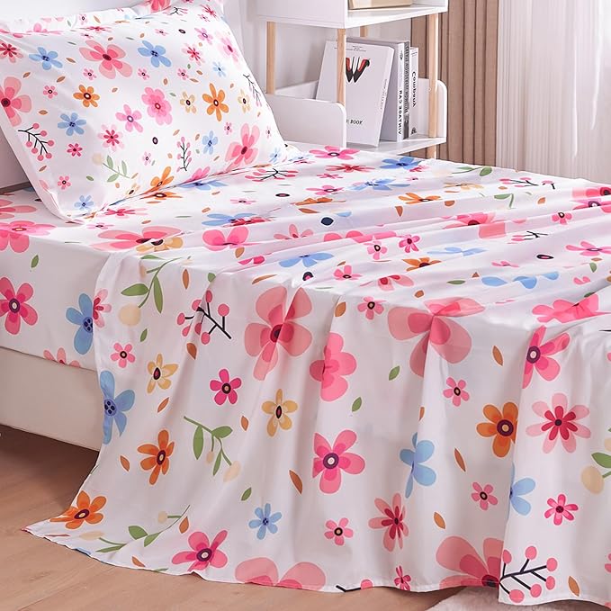 Twin Sheets Set Colorful Floral Bed Sheets Set Girls Cute Soft Microfiber Cooling Sheets 3 Pieces Kids Twin Size Bed Set Wrinkle Free, 15 inch Deep Pocket Fitted Sheet, Flat Sheet, Pillowcase