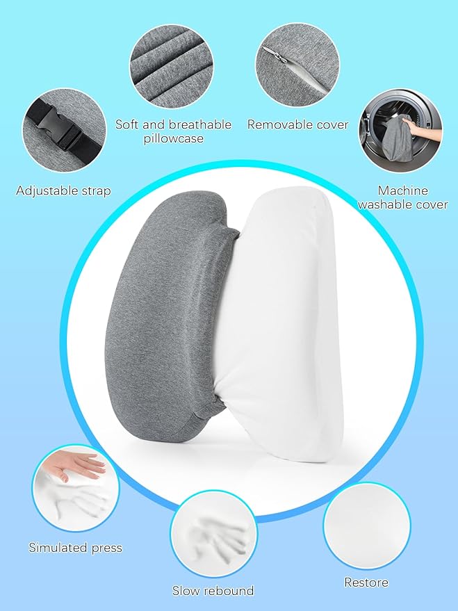 Lumbar Support Pillow for Office Chair Back Support Pillows for Car, Computer, Gaming Chair, Recliner Memory Foam Back Cushion for Pain Relief Improve Posture with Adjustable Strap