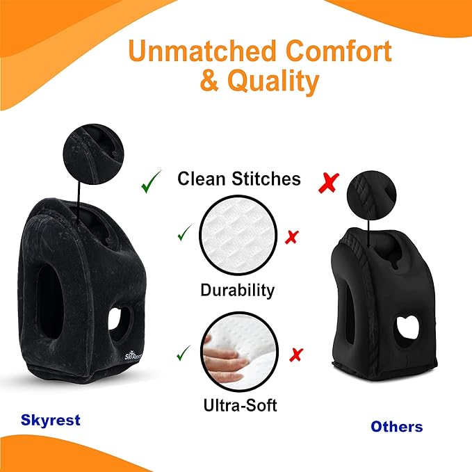 Inflatable Travel Pillow - Airplane Pillow for Neck Support on Long Flights, Buses, Cars, Office & Trains - Comes with Eye Mask, Earplugs & Portable Drawstring Bag - Black