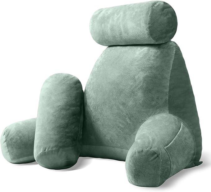 Sasttie Reading Pillow for Sitting in Bed Adult, Extra Large Back Pillow for Bed, Backrest Pillow with Detachable Head Support Cushion, College Dorm Essentials for Girls and Boys, Sage