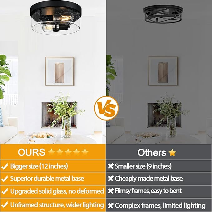 Black Flush Mount Ceiling Light Fixtures, 2-Light Ceiling Mount for Farmhouse with Seeded Glass Lampshade, Industrial Flush Mount Light Fixture Farmhouse for Hallway, Kitchen, Entryway and Foyer