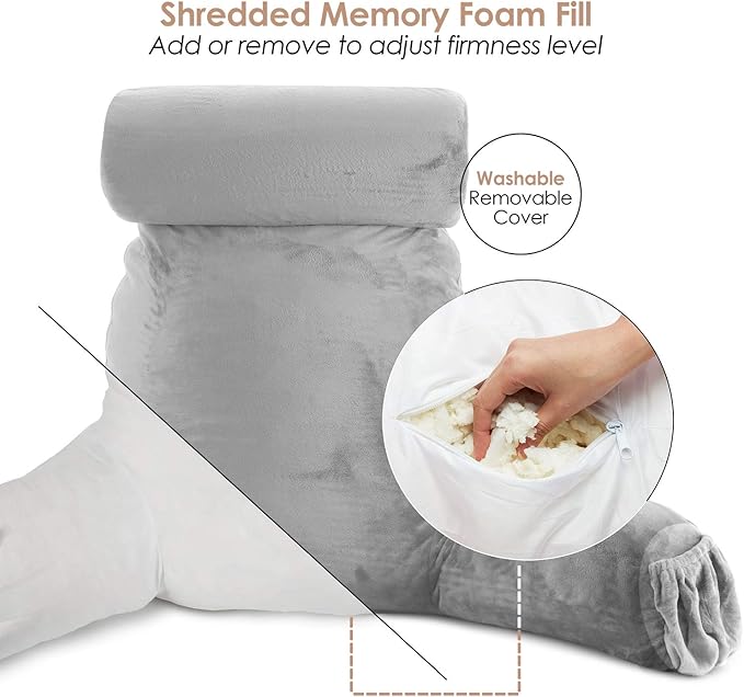 Nestl Reading Pillow Large Bed Pillow, Back Pillow for Sitting in Bed Shredded Memory Foam Chair Pillow, Reading & Bed Rest Pillows Light Grey Back Pillow for Bed, Bed Chair Arm Pillow with Pockets