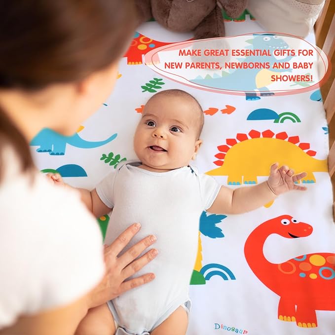 JISEN Baby Crib Sheets 2 Piece Portable Fitted Crib Sheet for Standard Crib and Toddler Mattresses Nursery Bed Decor for Boys Girls 28x52 Inch White/Black Dinosaurs