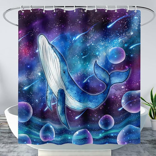 AILONEN Cartoon Blue Whale Shower Curtain,Swimming Whale Fabric Shower Curtains for Bathroom,Starry Night Bathroom Curtains for Kids Girls Boys,Fantasy Whale Bath Curtain Set, 72" W*84" H