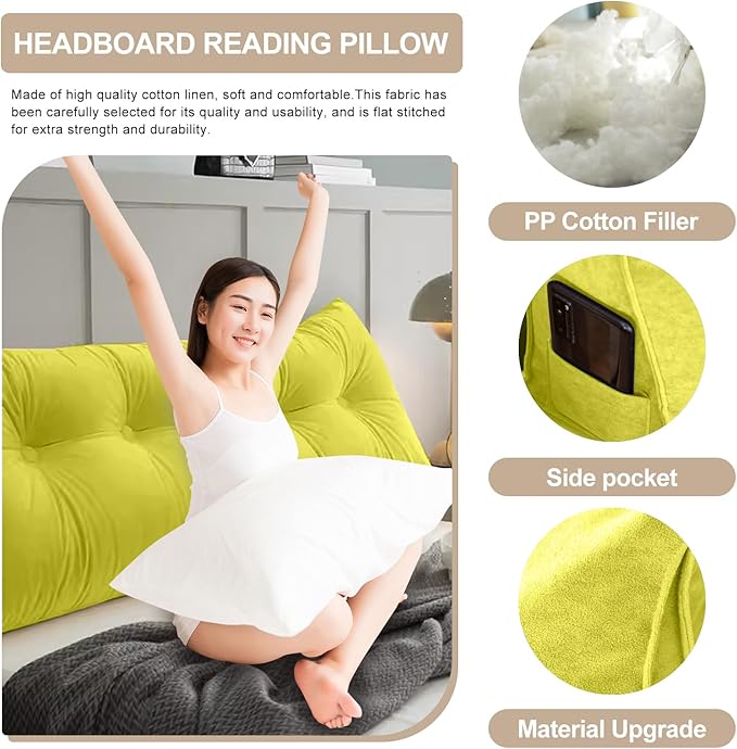 Large Triangular Headboard Pillows Long Backrest Positioning Support Bolster Cushion for Daybed Fluffy Quality Plush Body Wedge Pillow with Removable Cover(Yellow Green-Cal King-71x8x20 in)