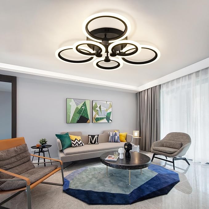Modern LED Ceiling Light,Dimmable 6 Rings Flush Mount Ceiling Light Fixtures,3000K-6500K 81W Ring Ceiling Lamp with Remote for Bedroom,Dining Room,Living Room,Black