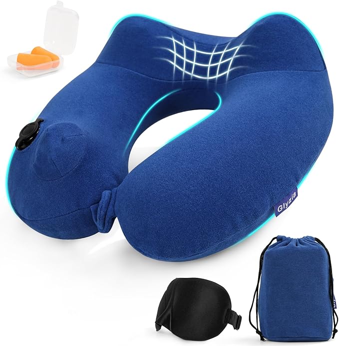 Inflatable Travel Neck Pillow for Airplane, 360° Head Support Velvet Adult Neck Pillow for Long Flight, Removable Washable Cover, Kit with Eye Masks, Earplugs & Storage Bag, Navy Blue