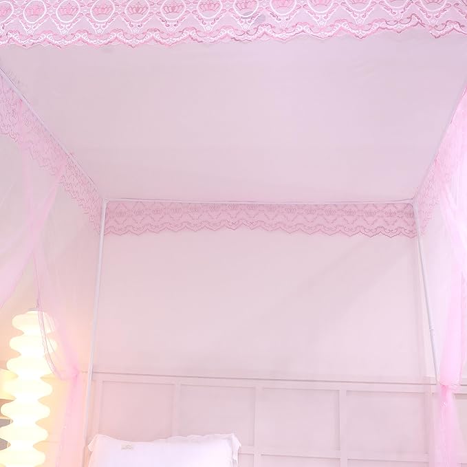 Bed Canopy, Princess Bed Curtain Net for Girls & Adults，Three-Doors Rectangle Lace Dome Netting (Baby Pink, King)