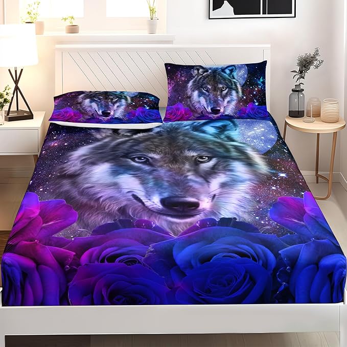 AILONEN Wolf Print Fitted Sheet Set Full Size, Moon Galaxy Wolf Bed Sheet Set Full,3 Pieces Full Romantic Blue Rose Wolf Fitted Sheet with 2 Pillowcases