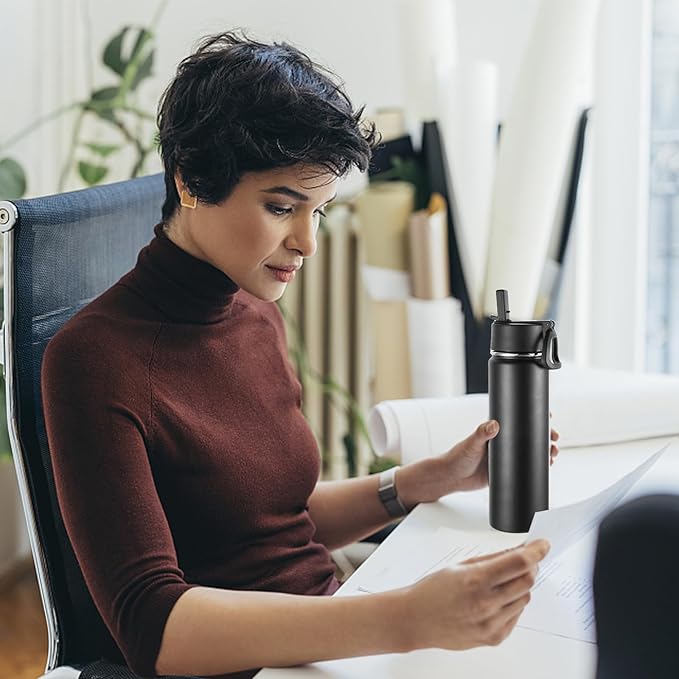 Volhoply 24oz Insulated Water Bottle With Straw Bulk 3 Pack,Metal Wide Mouth Water Bottles With Handle Lid Keep Cold,Reusable Double Wall Thermos,Powder Coated Sport Bottle For Holder(Black,3 Count)