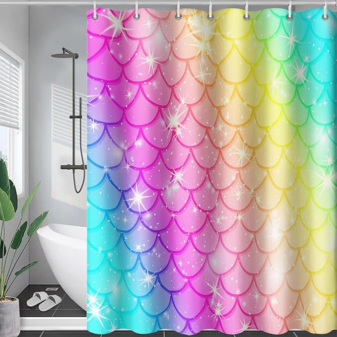 AILONEN Mermaid Scale Shower Curtain,Rainbow Mermaid Scale Bath Curtain Gifts for Girls,Polyester Waterproof for Bathroom with 12 Plastic Hooks 36" W*72" H
