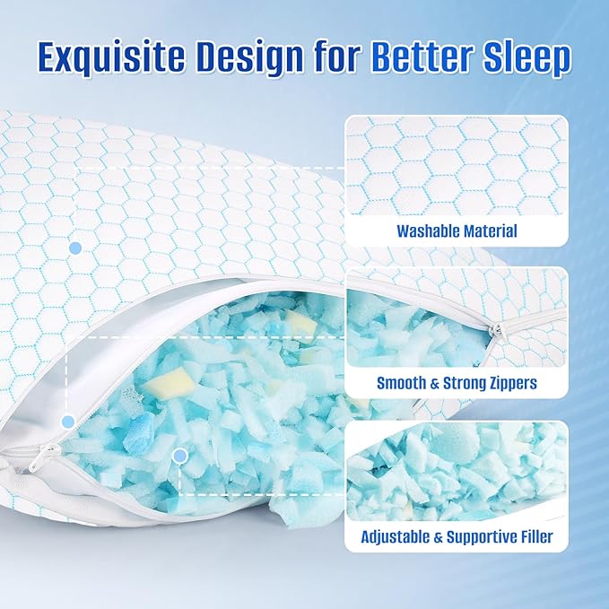 Shredded Memory Foam Pillow for Sleeping, Cooling Bed Pillows Set of 2, Adjustable Pillows for Side, Back, Stomach Sleepers with Washable Pillowcase (King Size, Blue)