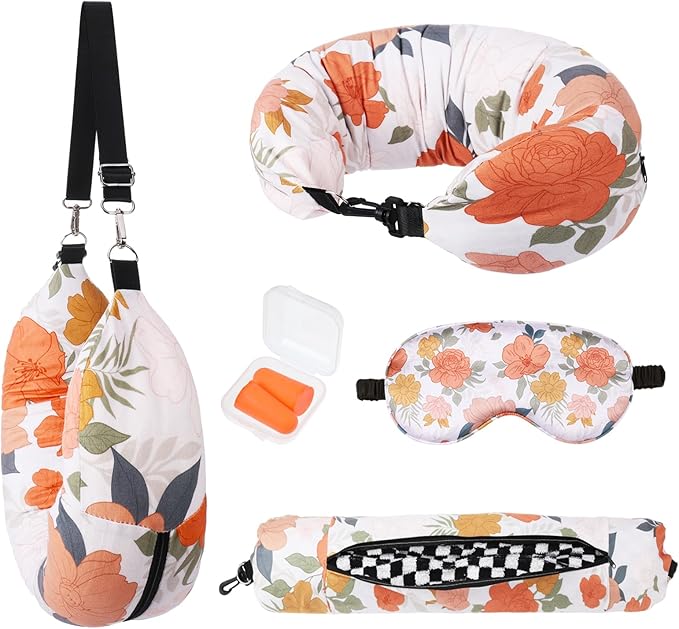 Stuffable Travel Pillows, Travel Pillows for Airplanes, Portable Self-Fillable Travel Neck Pillows, Comes with Contoured Eye Mask, Earplugs, and Storage Bag (Pillow Cover Only, No Filler)