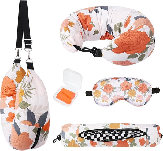 Stuffable Travel Pillows, Travel Pillows for Airplanes, Portable Self-Fillable Travel Neck Pillows, Comes with Contoured Eye Mask, Earplugs, and Storage Bag (Pillow Cover Only, No Filler)
