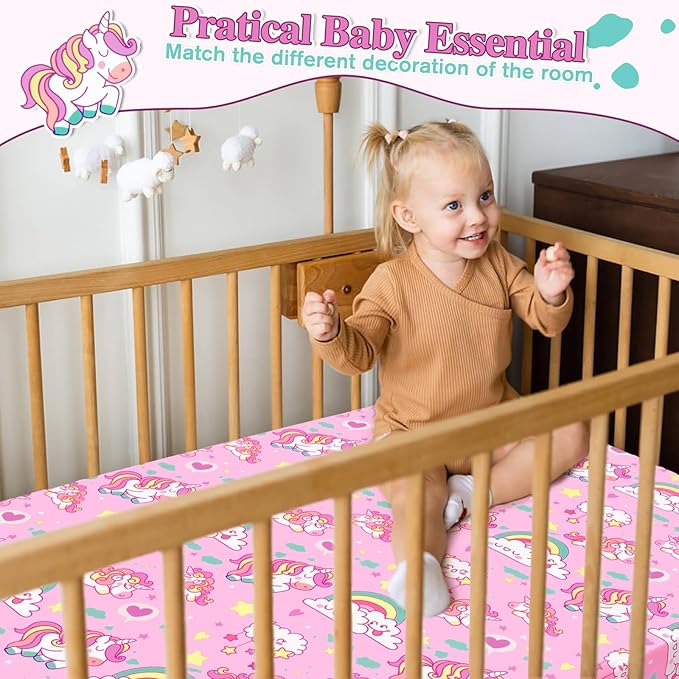 JISEN Baby Crib Sheets Soft Breathable Unicorns Fitted Crib Sheets Pink Baby Sheet for Standard Crib and Toddler Mattress Baby Bed Sheets for Crib for Baby Boys Girls Neutral 52x28 Inch