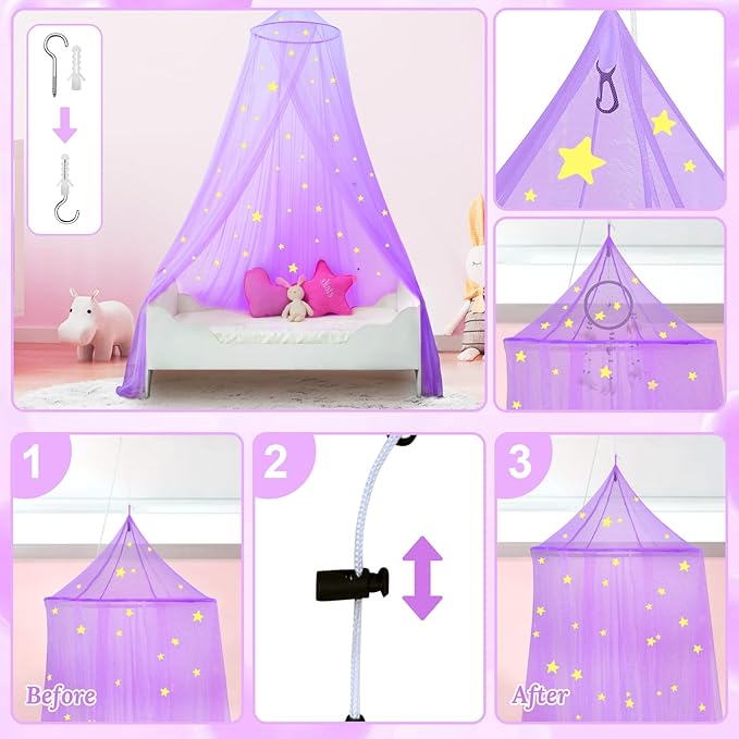 South to East Princess Bed Canopy for Girls with Glowing Stars, Purple Bed Canopy for Girls Room, Bed Canopy Curtains from Ceiling for Twin Beds, Full Size Beds, Ideal Gift for Girls