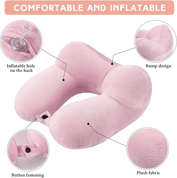 Sintuff 2 Pack Inflatable Travel Pillow for Airplanes Inflatable Neck Pillows with Compact Bag and Blindfold Soft Flight Pillow for Traveling, Airplane, Train, Car, Office(Light Pink and Violet)
