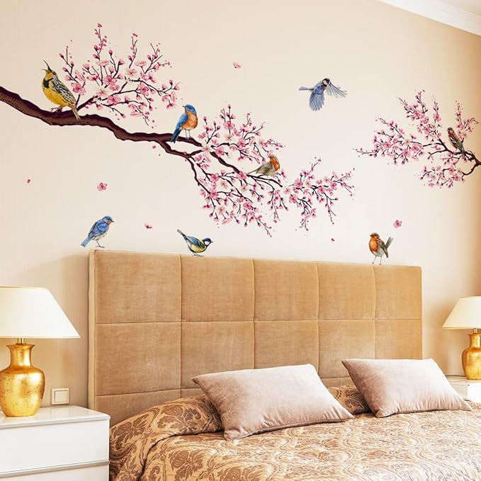 Watercolor Flower Wall Decals Peel and Stick Birds Vinyl Wall Stickers Colorful Wall Sticker Hummingbird on The Tree Branch Flower Decals Garden Living Room Bedroom TV Wall Decorations