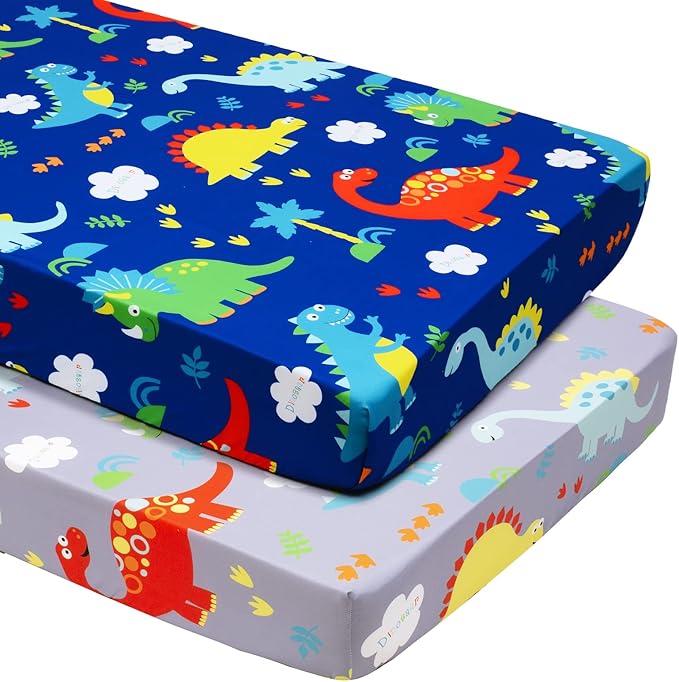 JISEN Baby Crib Sheets 2 Piece Portable Fitted Crib Sheet for Standard Crib and Toddler Mattresses Nursery Bed Decor for Boys Girls 28x52 Inch Grey/Blue Dinosaurs