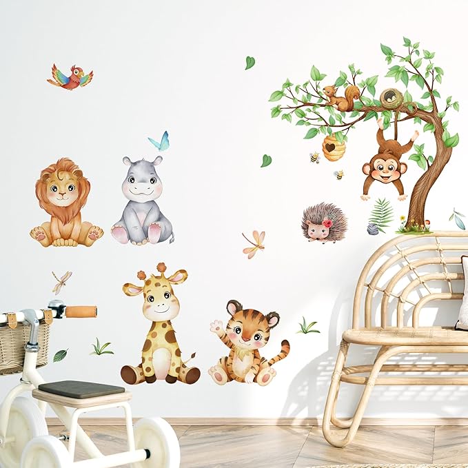 Woodland Animals Wall Decals Tiger Zebra Lion Wall Stickers, Removable Kids Toddler Jungle Safari Wall Murals Peel and Stick Wall Art Decor Wallpaper for Bedroom Nursery Playroom