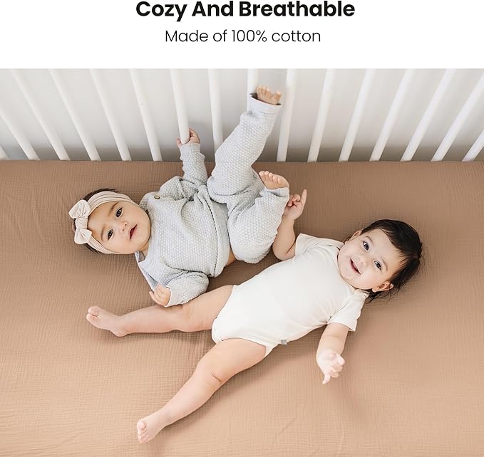 Konssy Muslin Fitted Crib Sheets 100% Cotton Baby Crib Sheets for Standard Crib Mattress (28 X 52 Inches), Soft and Breathable for Boys Girls (Toffee)