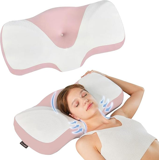 Ergonomic Contour Design Deep Sleep Pillow, Ideal for Side and Back Sleepers, Orthopedic Cervical Shape Gently Cradles The Head, Providing Neck Support and Shoulder Pain Relief [Pink]