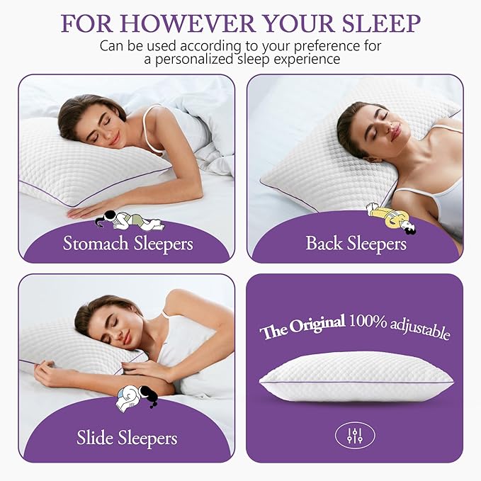 BPC Adjustable Shredded Memory Foam Pillow King Size - Cooling Medium Firm Pillow with Removable Cover Bed Pillows for Sleeping Side Stomach and Back Sleepers, CertiPUR-US