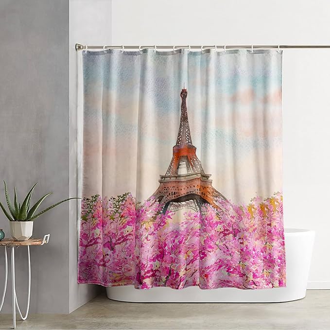 AILONEN Paris Tower Shower Curtain,Romantic Tower Theme Waterproof Fabric Shower Curtain Set for Girls Kids Teens, 48" W*72" H Pink Flowers Dreamy Eiffel Tower Shower Curtain