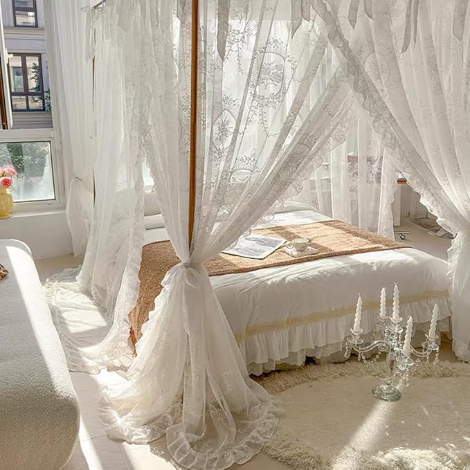 Elegant Lace Princess 4 Corner Post Mosquito Net Romantic for Girls Women Bed Curtain Canopy for Adult Wedding Bedroom Kids Rooms Decoration (Color-A, Full)