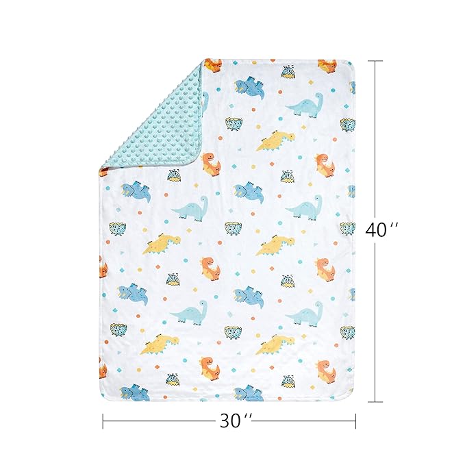 DaysU Silky Micro Soft Plush Baby Blankets for Boys with Print Animal Pattern and Soothing Raised Dots, Double Layer Bed Throws for Baby Crib, Dinosaur, Aqua Blue, 30x40 Inches