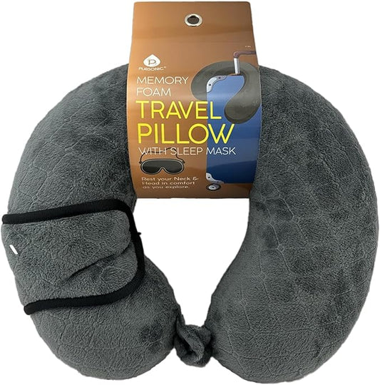 Pursonic Memory Foam Neck Pillow with Eye Mask - Ergonomic Travel Pillow, Breathable Fabric, Compact & Portable, Available in Purple, Teal, Grey (Grey)