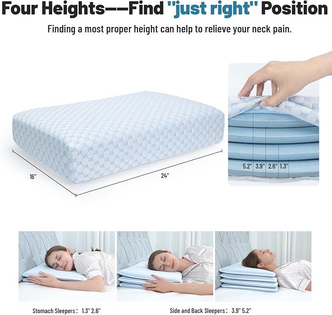 Cervical Neck Thin Pillow Flat Firm Memory Foam Adjustable Pillows from 1.3 to 5.2inch for Stomach Side Back Sleeper with 2 Pillowcases (Blue-White+Basics)