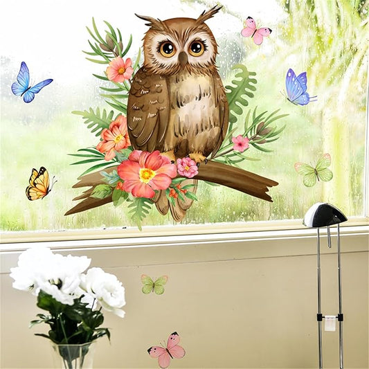 Owl On A Branch Wall Decal Butterfly Flower Wall Stickers Peel and Stick Living Room Bedroom Bathroom Kitchen Nursery Window Glass Decorative Art Murals 11.8in*11.8in