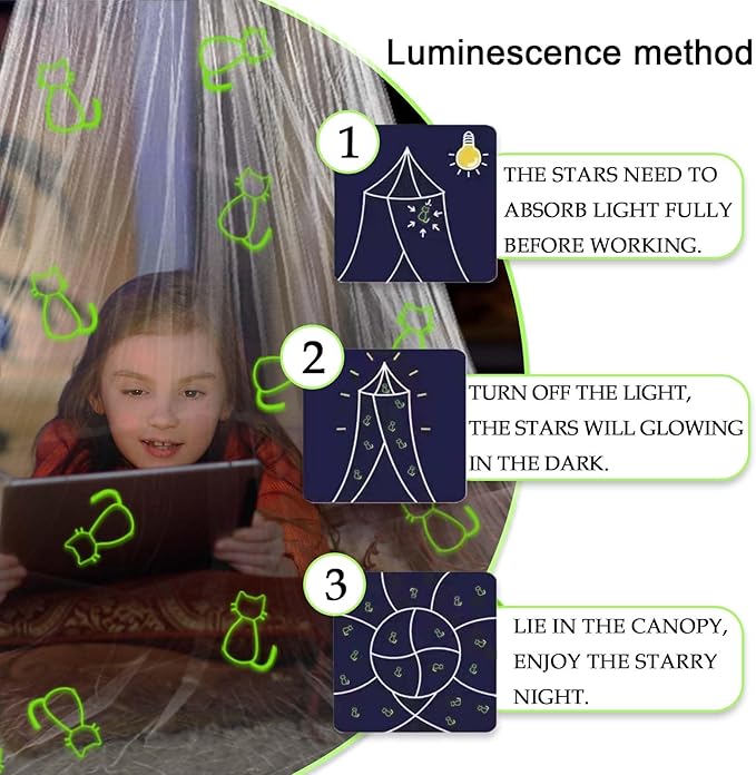 Daksha White Princess Bed Canopy for Girls with Glowing Cats, White Room Decor, Ceiling Tent for Kids, Fits Twin, Full and Queen Size Beds