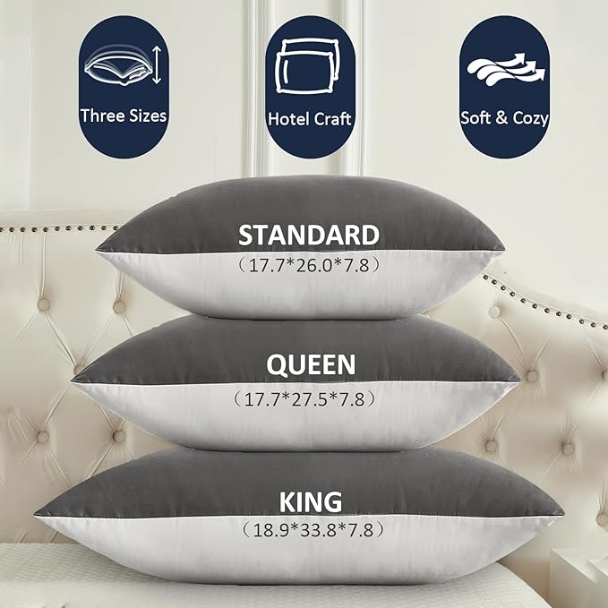 Bed Pillows for Sleeping - Pillows Standard Size Set of 4 Cooling Luxury Hotel Quality Pillow with Premium Plush Soft Down Alternative Fill for Side Back or Stomach Sleepers - Grey, 4 Pack