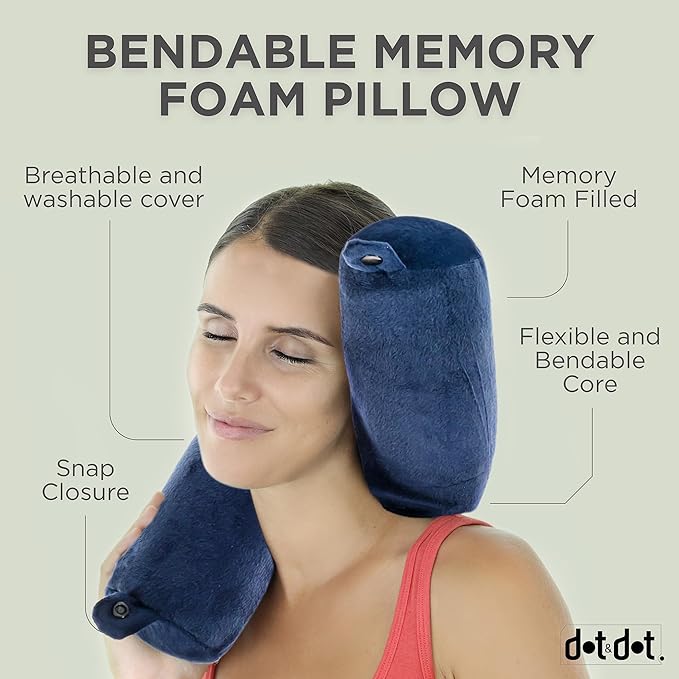 Dot&Dot Twist Memory Foam Travel Pillow for Airplanes - Travel Neck Pillow for Sleeping - Airplane Pillow for Neck Support, Chin, Lumbar and Leg - Adjustable, Bendable Neck Roll Pillow (Dark Blue)