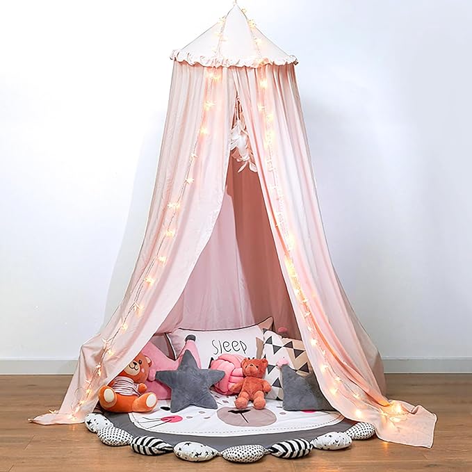 Upgrade Version of Canopy for Kids Bed, Extra Large Canopy for Girls Room Decoration Princess Castle Play Tent Hanging House, Dreamy Canopy for Children Room Reading Nook Canopies (Pale Pink Ruffle)