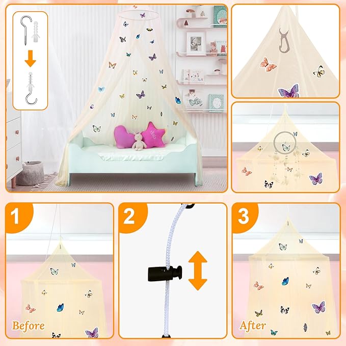 South to East Bed Canopy for Girls with Glowing Butterfly in The Dark, Beige Princess Bed Curtains for Girls Bed, Kids Bed & Toddler Bed, Twin, Full & Queen Bed, Mosquito Net Canopy for Girls Bedroom